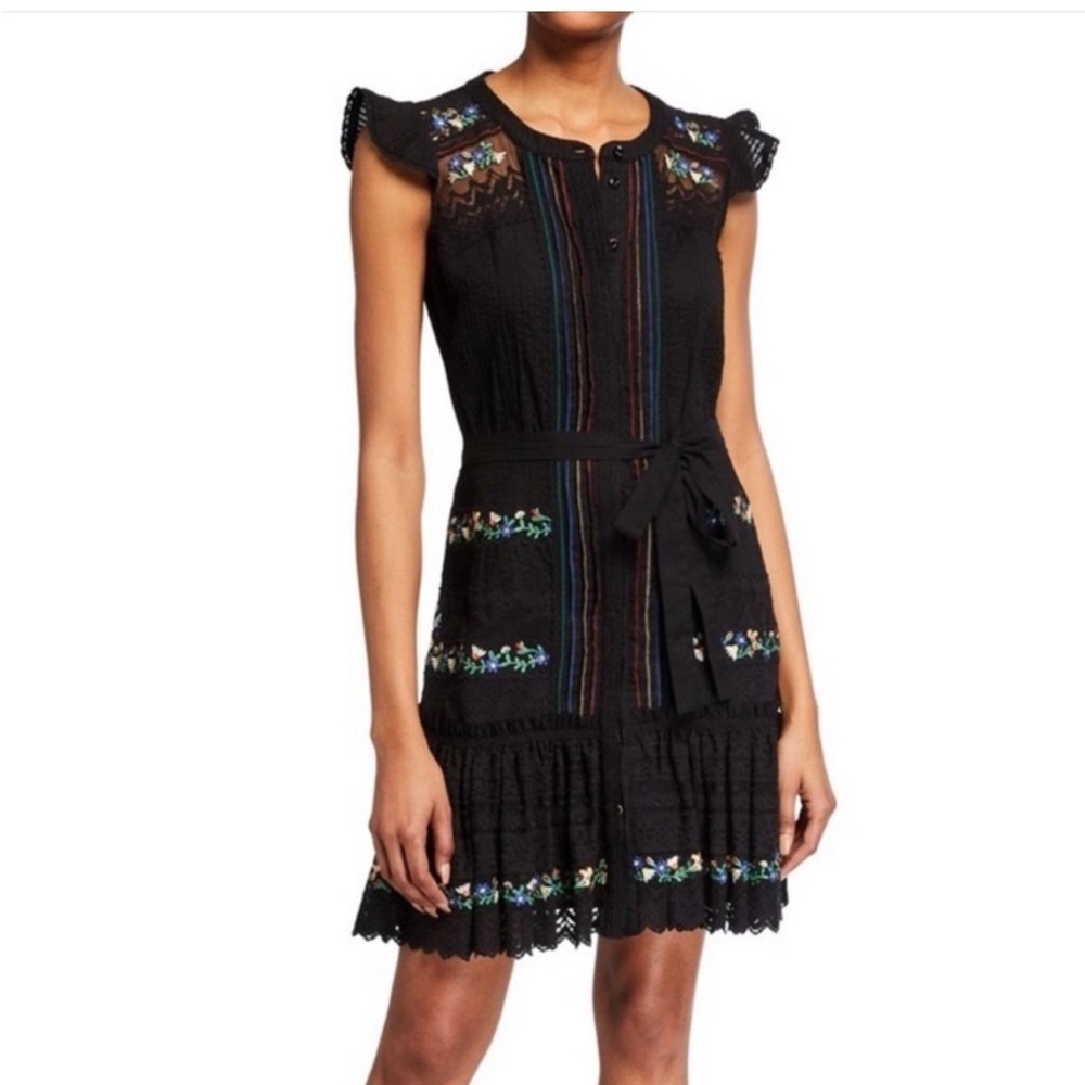 SALONI Bea Embroidered Black Floral Ruffled Tiered Mini Dress
